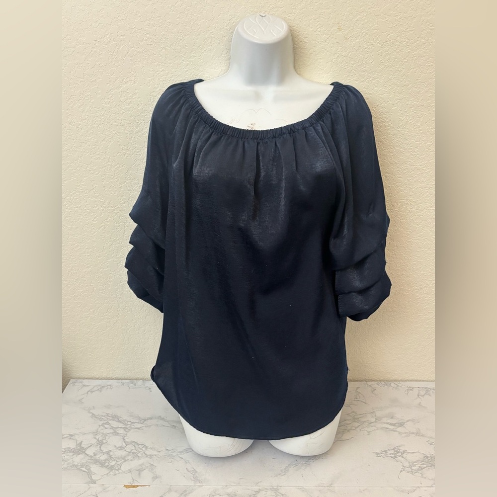 Catherine Malandrino Modern Top Size M Flowy Boho Tiered 3/4 Sleeve Blue